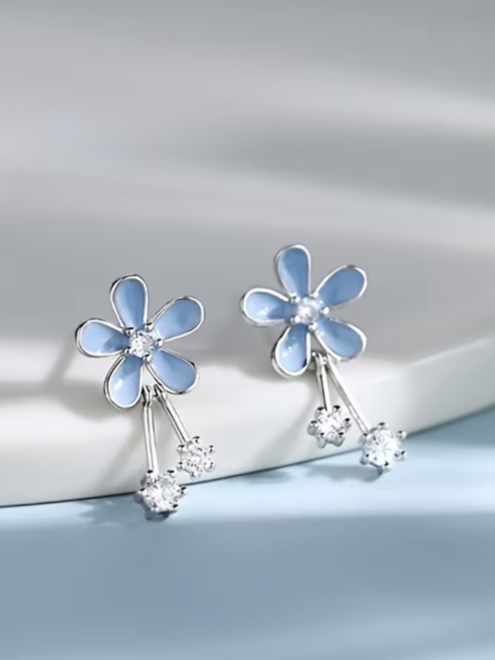 Silver Blue Floral Drop Stud Earrings - Women Jewelry